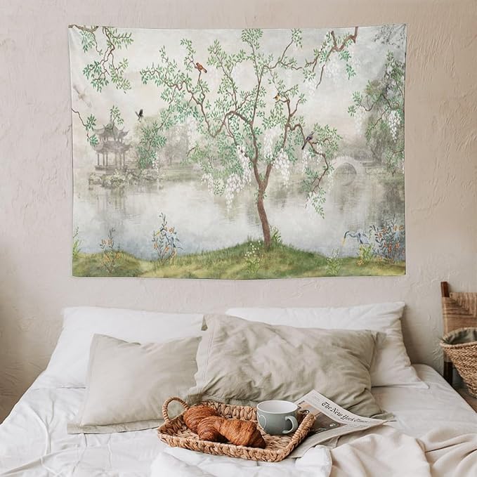 HZOHNAGO Japanese Tapestry Tree Misty Garden Lake Printed Wall Tapestry Ink Painting Wall Hanging for Bedroom Living Room Dorm 40" W x 30" H-Ruum Studio Home
