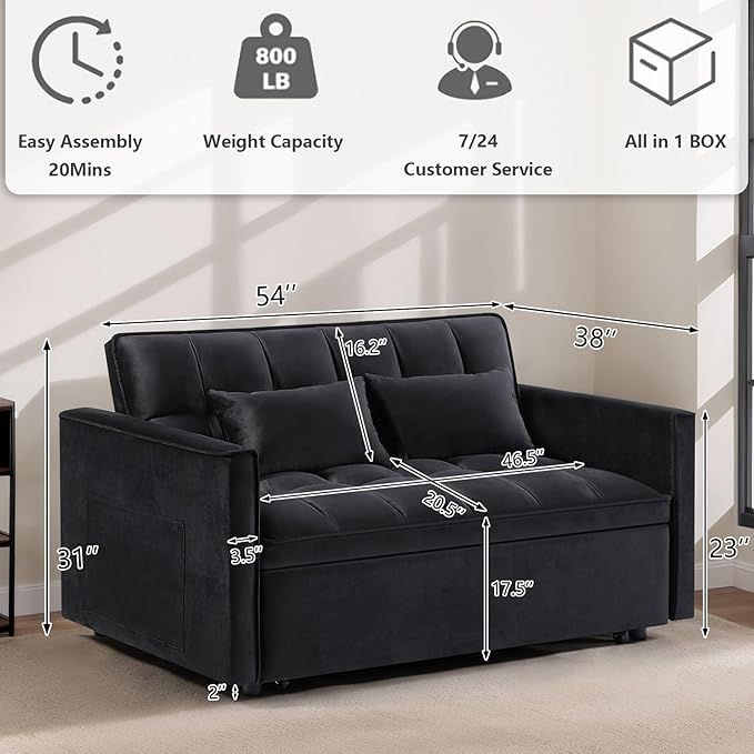 3 in 1 Convertible Sleeper Sofa Bed,Futon Loveseat Couch with Pull-Out Bed & Adjustable Backrest,Velvet Fabric Sofa with Side Pocket for Small Apartment, Living Room, Office (Black)-Ruum Studio Home