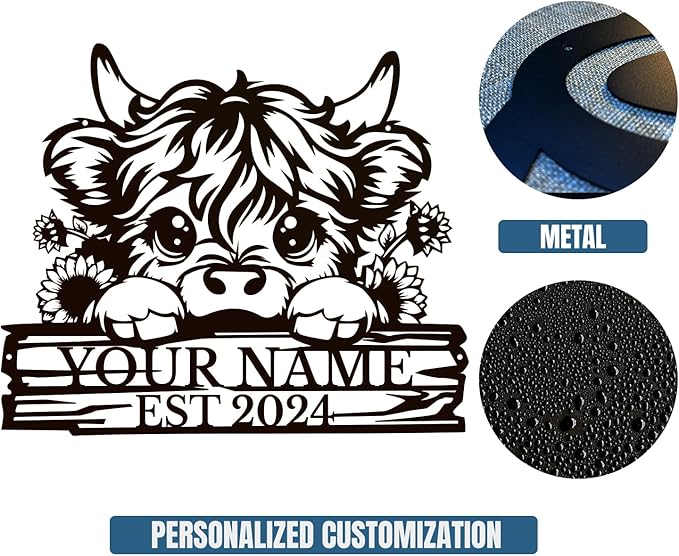 Personalized Highland Cow Name metal Signs,Custom Highland Cow Metal Shed Wall Decor,Black Metal Wall Art Plaques Outdoor wall Decorative Signage (Style D)-Ruum Studio Home