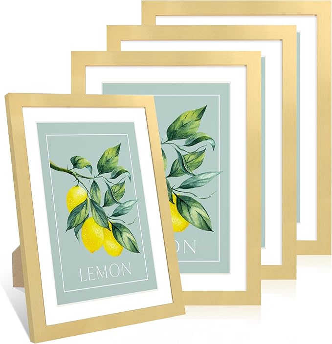 10x14 Picture Frame Set of 4, 10 x 14 Wood Photo Frames with Mat for 8x12 or 30x40cm Diamond Painting Art, Wooden Frame with Real Glass Cover for Wall and Tabletop Display,Gold-Ruum Studio Home