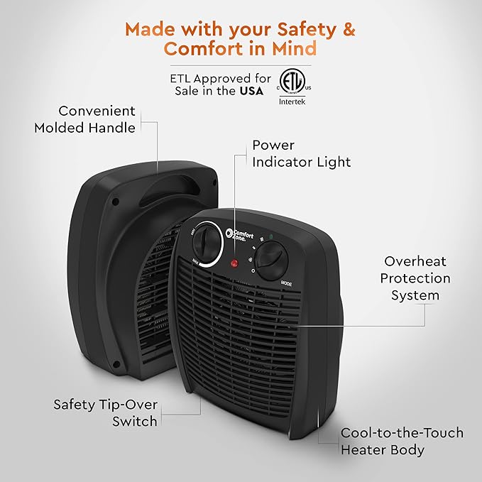 Comfort Zone Indoor Space Heater with Adjustable Thermostat, Fan Forced, Electric, Overheat Protection, Safety Tip-Over Switch, Energy Efficient, Ideal for Home, Bedroom, & Office, 1,500W, CZ45EBK-Ruum Studio Home
