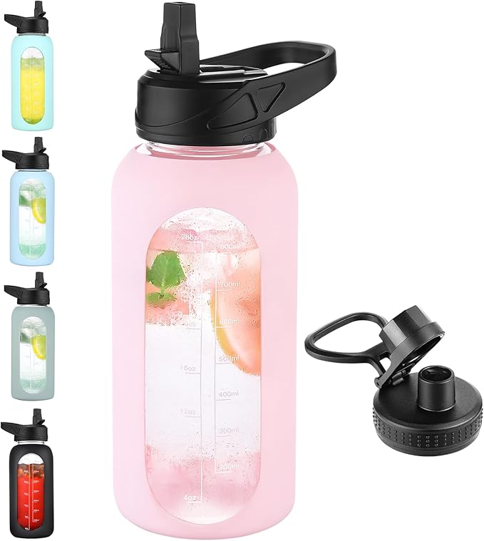 32 oz Glass Water Bottle with Straw and Handle, Sports Motivational Water Flask with Silicone Sleeve, Large Leakproof Water Flask Cup with Time Marker for Travel, Gym, Blush-Ruum Studio Home