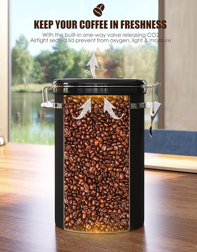 HAIOOU Airtight Coffee Canister, 22OZ Large Stainless Steel Coffee Bean Storage Container with Date Tracker, Measuring Scoop, 6Pcs CO2 Valves and Mini Tongs for Beans, Grounds, Sugar and more - Black-Ruum Studio Home