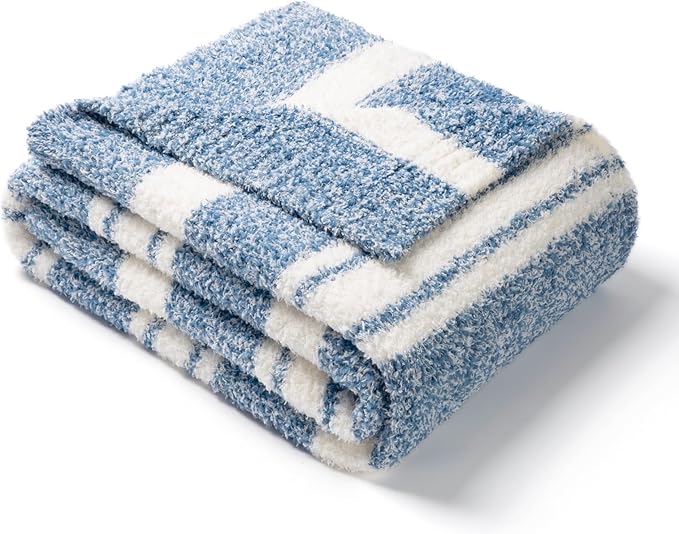 Snuggle Sac Queen Size Bedding Blankets, Oversized Bed Blankets Super Soft Warm Cozy Knit Fuzzy Blankets for Bed, Bedroom, Stripe Blue, 90"x90"-Ruum Studio Home