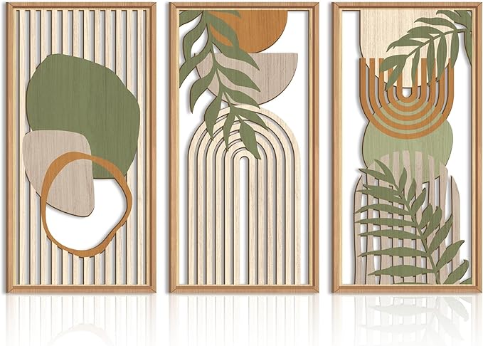 IARTTOP Large Boho Wood Wall Art Framed Mid-century Modern Wooden Wall Decor Set of 3 Green Bohemian Abstract Wall Art Decor For Bedroom Living Room Office-16 x32-Ruum Studio Home