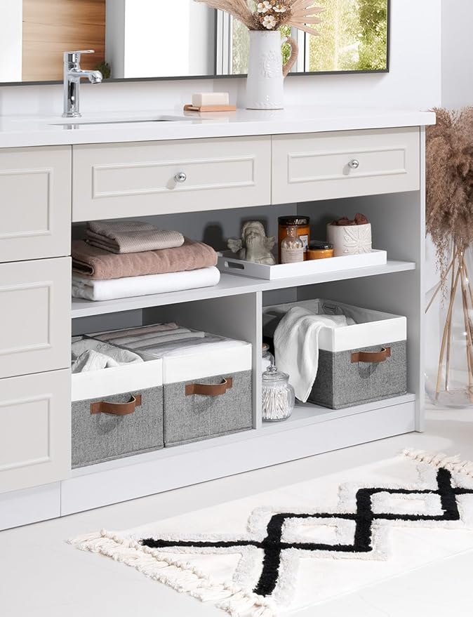 StorageWorks Storage Baskets for Shelves, Foldable Fabric Closet Storage Bins with Handles, Fabric Storage Bins Clothes Organizer, Gray and White, 3-Pack, Large-Ruum Studio Home