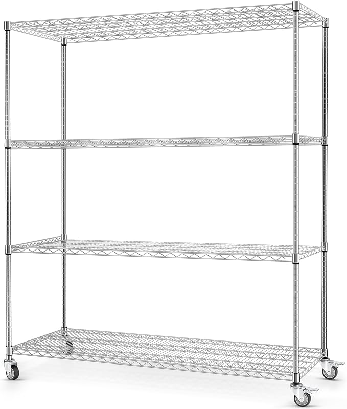 Rengue Wire Shelving with Wheels, 60"x 24"x72" Metal Storage Shelves, 4-Tier Heavy Duty Garage Storage Shelves, Chrome 2400LBS Capacity Wire Shelf Rack for Restaurant, Garage, Pantry, Kitchen-Ruum Studio Home