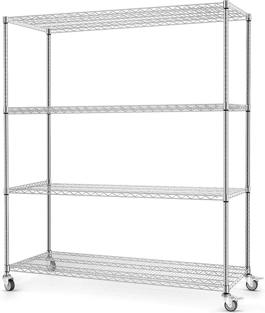 Rengue Wire Shelving with Wheels, 60"x 24"x72" Metal Storage Shelves, 4-Tier Heavy Duty Garage Storage Shelves, Chrome 2400LBS Capacity Wire Shelf Rack for Restaurant, Garage, Pantry, Kitchen-Ruum Studio Home
