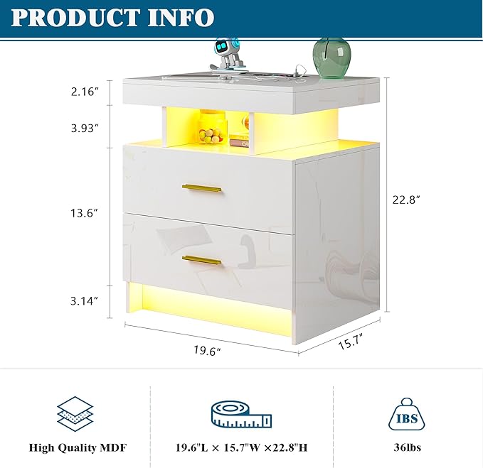 Night Stand with Light, High Gloss Nightstand with USB/Wireless Charging Station, LED White Nightstands with Storage Drawers, RGB Side End Table for Bedroom Furniture（White-Ruum Studio Home