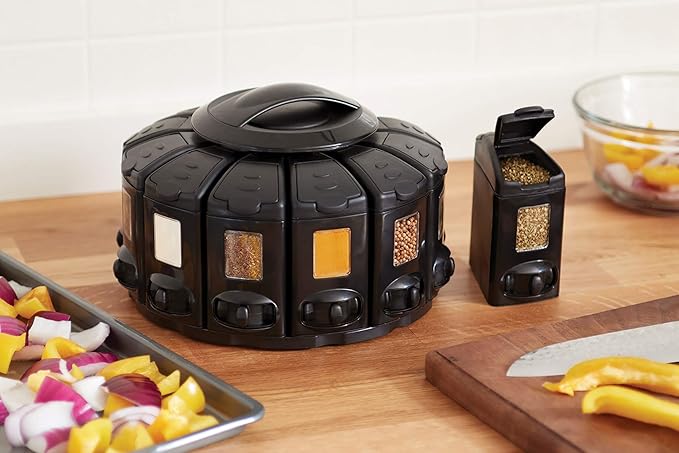 Kitchen Art Select-A-Spice Auto-Measure Pro Carousel 12 Compartments Spice Rack, Black 9.5 x 9.5 x 6.5 inches-Ruum Studio Home