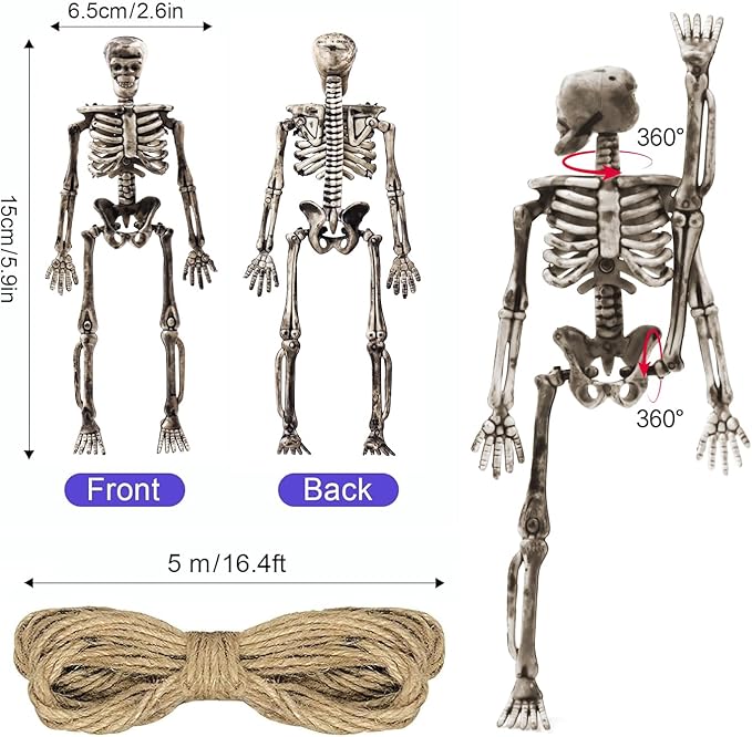 24 Pcs mini skeleton halloween decoration With hemp rope，6”small plastic posable halloween tiny skeleton figurines decor for Halloween Indoor Outdoor Graveyard Decor Haunted House Party Favors-Ruum Studio Home