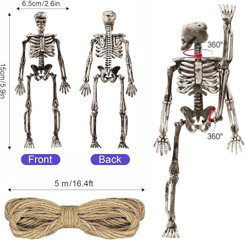 10 Pcs mini skeleton halloween decoration With hemp rope，6”small plastic posable halloween tiny skeleton figurines decor for Halloween Indoor Outdoor Graveyard Decor Haunted House Party Favors-Ruum Studio Home