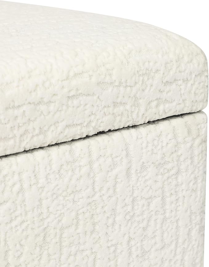 Adeco 18 Inch High Faux Fur White Cube Ottoman Storage, 3D Embossed Velvet Chair Foot Stools, Upholstered Vanity Stool with Hinged Lid, Solid Wood Legs-Ruum Studio Home
