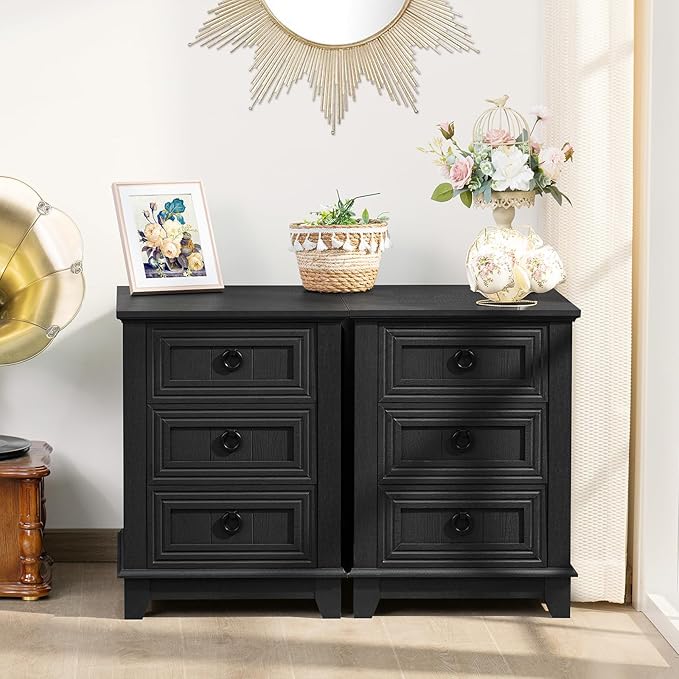 18" Farmhouse Night Stand with 3 Drawers, Wood End Table Dresser for Bedroom, Black Nightstand, Bed Side Table with Metal Handle, Bedside Cabinet for Bedroom Living Room, Closet-Ruum Studio Home
