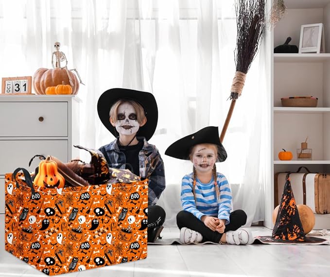 HIYAGON Rectangular Halloween Basket for Boys and Girls Kids Trick or Treat Pumpkin Basket for Halloween Parties Cute Storage Bin Organizer Box Room Decor(Yellow Halloween)-Ruum Studio Home