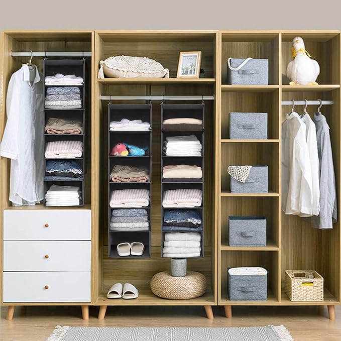 MAX Houser 6 Tier Shelf Hanging Closet Organizer, Closet Hanging Shelf with 2 Sturdy Hooks for Storage,2 Pack, Foldable (Grey)-Ruum Studio Home