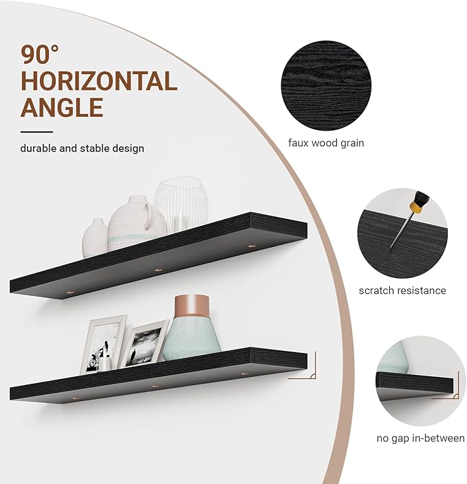 Heimlove Floating Shelves for Wall 48 Inches Long,9.3" Deep Black Floating Shelf Set of 2,Wall Mounted Wood Shelves for Bathroom Bedroom Living Room Kitchen Office,Shelf for Books Storage Room Decor-Ruum Studio Home