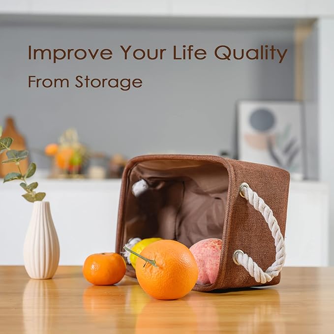 TheWarmHome Small Fabric Canvas Storage Bin with Cotton Rope Handles - Foldable Empty Basket for Gift (Brown-1 Pack,11.8L7.9W5.2H inch)-Ruum Studio Home