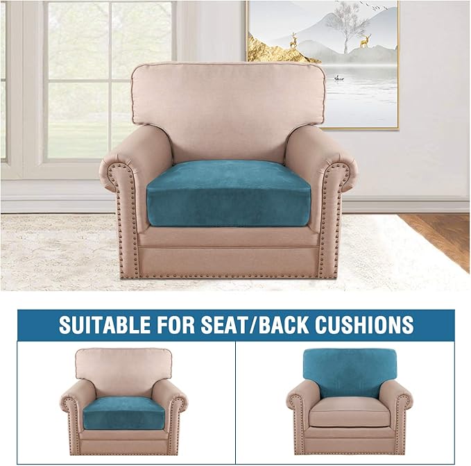 H.VERSAILTEX Velvet Stretch Couch Cushion Cover Plush Cushion Slipcover for Chair Cushion Furniture Protector Seat Cushion Sofa Cover (1 Piece Armchair Cushion Covers, Peacock Blue)-Ruum Studio Home