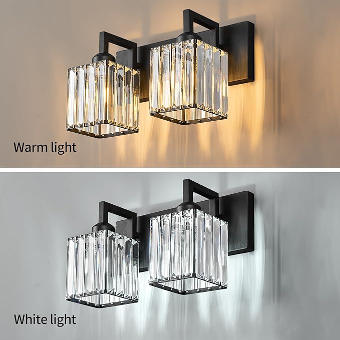 Modern Bathroom Vanity Light 2-Lights Black Crystal Bathroom Wall Light Vanity Light Fixtures-Ruum Studio Home