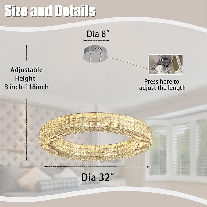 Dia 32" Ring Crystal Chandelier Modern Silver Ring Chandelier Adjustable Height Luxury Crystal Pendant Ceiling Light Fixture for Dining Living Room Bedroom-Ruum Studio Home
