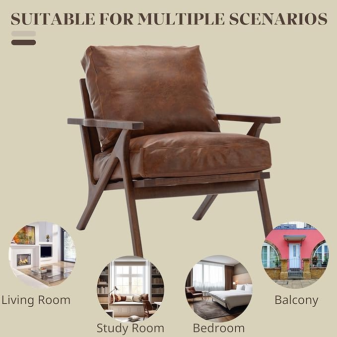Wahson Brown Leather Mid-Century Modern Accent Chair and Ottoman Set, Retro Upholstered Armchair with Wood Frame and Removable PU Cushions, Large Leisure Slipper Chair for Living Room/Bedroom-Ruum Studio Home