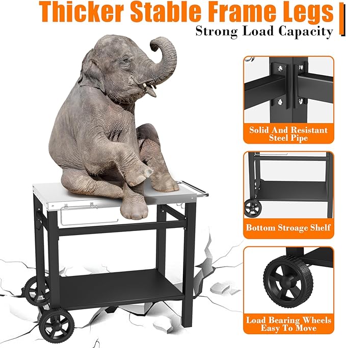 Outdoor Grill Table, Movable Dining Cart, Pizza Oven Table Stand, Double-Shelf Grill Stand, Food Prep and Work Cart with Wheels, Hooks, Fits for Blackstone Ninja-Ruum Studio Home