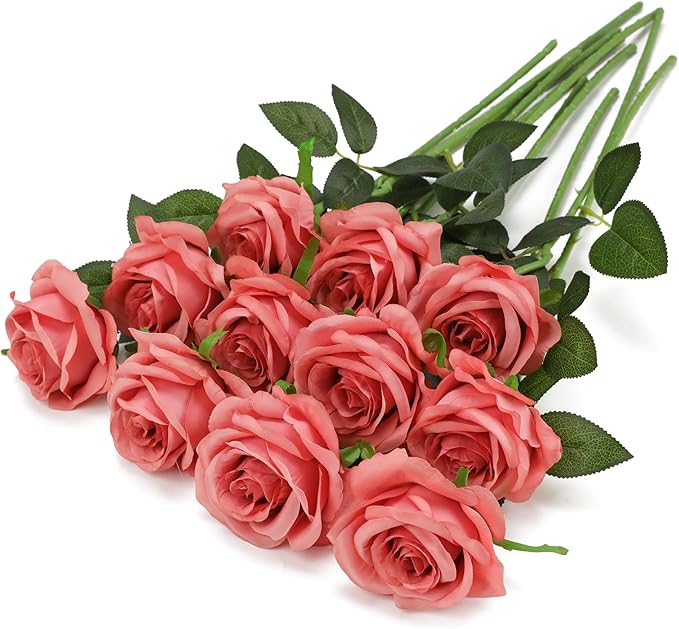 Pink Fake Roses Artificial Flowers - 10 Pcs Fake Artificial Roses Silk Flowers with Stems for Home Wedding Hotel Office Centerpiece Decor（Dusty Pink）-Ruum Studio Home