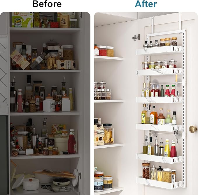 bukfen Over the Door Pantry Organizer, 6-Tier Adjustable Basket Kitchen Pantry Door Organization and Storage, Heavy-Duty Metal Hanging Kitchen Spice Rack,D6.3 x W17.32 x H50.60 inch,White Marble Color-Ruum Studio Home
