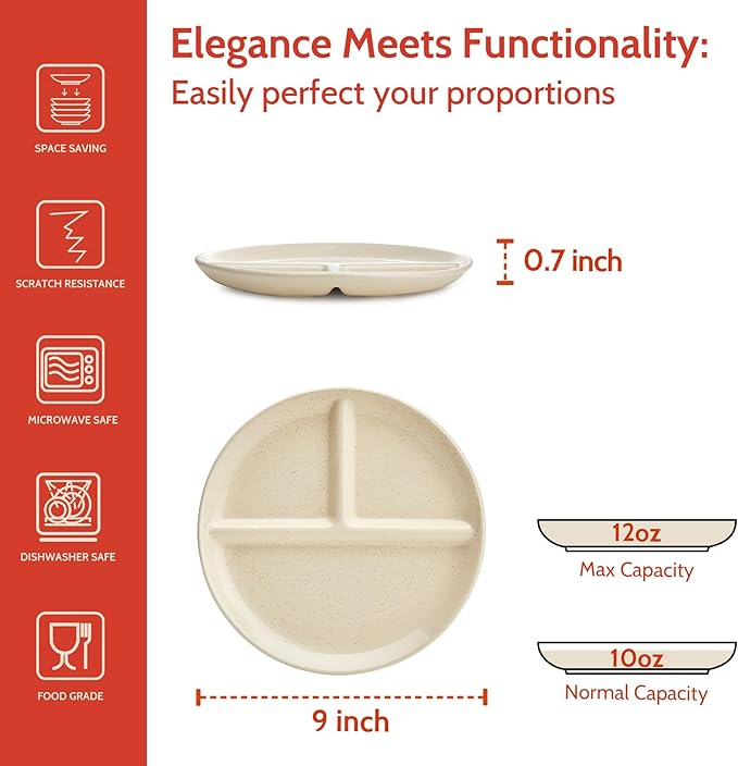 Sweese Set of 2 Porcelain Divided Dinner Plates, Beige High-Grade Durable Professional, 9 Inches, 2.0 Count-Ruum Studio Home