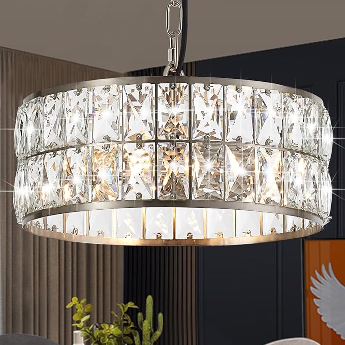 12” 3-Light Modern Crystal Chandeliers Nickel Dinning Room Light Fixture, Round Pendant Light Kitchen Island Chandelier, Flush Mount Ceiling Light for Living Room Entryway Bedroom Foyer-Ruum Studio Home