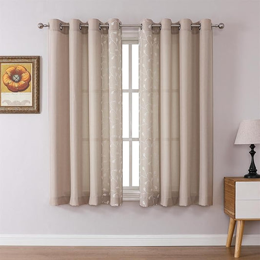 MIUCO Light Filtering Faux Linen Curtains, 63 Inch Length for Bedroom & Living Room, Linen Floral Embroidered Solid Mix and Match, Semi Sheer Grommet Farmhouse Drapes, 2 Panels Set-Ruum Studio Home