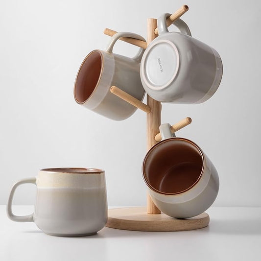Ceramic Coffee Mugs Set of 4, 12 oz Stoneware Coffee Cups with Comfortable Handle for Latte, Tea, Cappuccino, Cocoa -Microwave and Dishwasher Safe - Modern Unique Aesthetic - Reactive Glaze-Ruum Studio Home