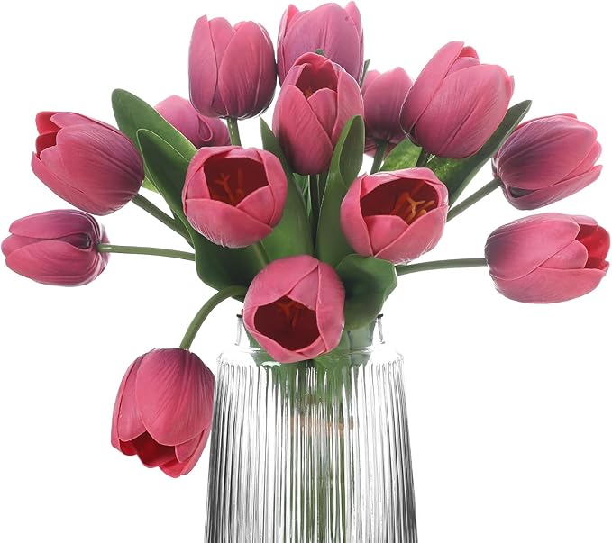 Deep Pink Artificial Tulips, 2 Bundles 14Pcs, Fake Tulips Artificial Flowers, 2 x 2.4 Inch Large Flower Head Big Tulip, Easter Valentine's Day Mother's Day Home Decoration Flowers-Ruum Studio Home