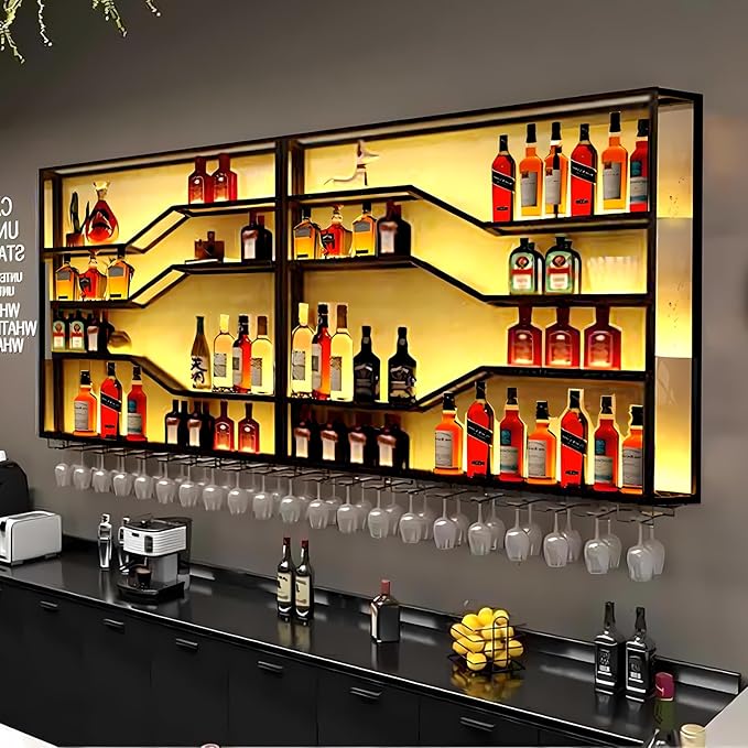 78.8in Wall Mounted Wine Rack with LED Light, 5-Tiers Liquor Bottles Display Shelf with Glasses Holder, Metal Home Bar Shelves with Industrial Iron Frame for Kitchen(Black, 78.8in/6.56ft)-Ruum Studio Home