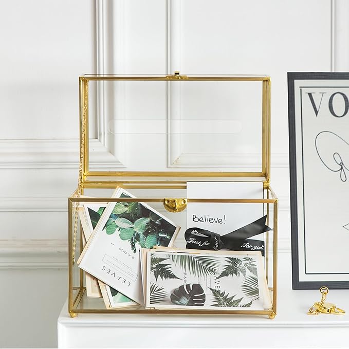 Glass Wedding Card Box with Slot, 10.2 inch Clear Card Box Gold Brass Gift Card Storage Box with Lock Perfect for Wedding Receptions, Baby Shower, Birthday Party, Bridal Shower-Ruum Studio Home