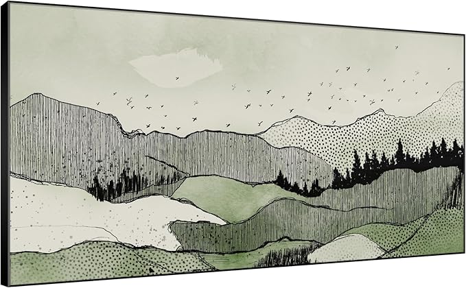 SIGNWIN 36"x72" Extra Large Framed Wall Art Green Line Art Mountain Landscape Illustration for Home Living Room Bedroom Decor (Frame Assembly Required)-Ruum Studio Home
