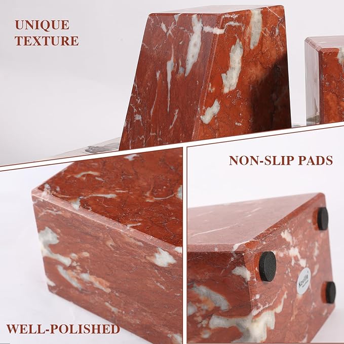 Marble Book Ends Decorative, Unique Bookends for Shelves，Bookends to Hold Heavy Books Durable Book Holder Stopper for Home Office Desk Bookshelf Decoration, Set of 2, Rosso Francia-Ruum Studio Home