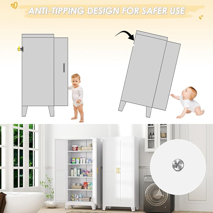 71" Tall Metal Storage Cabinet with 2 Doors and 4 Adjustable Shelves, Kitchen Pantry Cabinet White Freestanding Cupboard, 5 Tier Multifunctional Steel Storage for Office, Kitchen, Dining Room-Ruum Studio Home