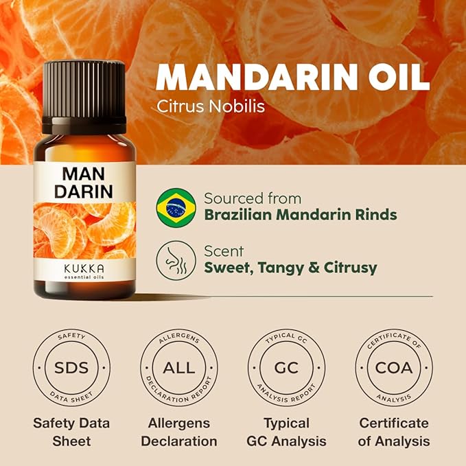 Kukka Mandarin Essential Oil for Diffuser Skin - 0.34 Fl Oz - 100% Pure Natural, Fresh & Citrusy Scent for Aromatherapy,Candle, Bath Bomb & Soap Making Scent DIY-Ruum Studio Home