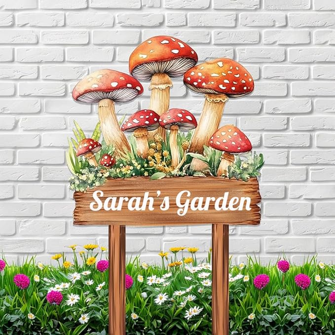Personalized Mushroom Metal Sign with Stake,Custom Gardener Family Name Signs Outdoor Decor,Customized Flower Gardening Housewarming Gifts,Flowers Plaques for Patio Lawn Porch Backyard Farmhouse-Ruum Studio Home