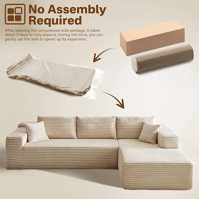 104" Cloudy Sectional L Shaped Couch for Living Room, No Assembly Required, Modular Comfy Sofa with Deep Seat, Fluffy Couch with Sleeper Chaise for Apartment Lounge (Beige)-Ruum Studio Home