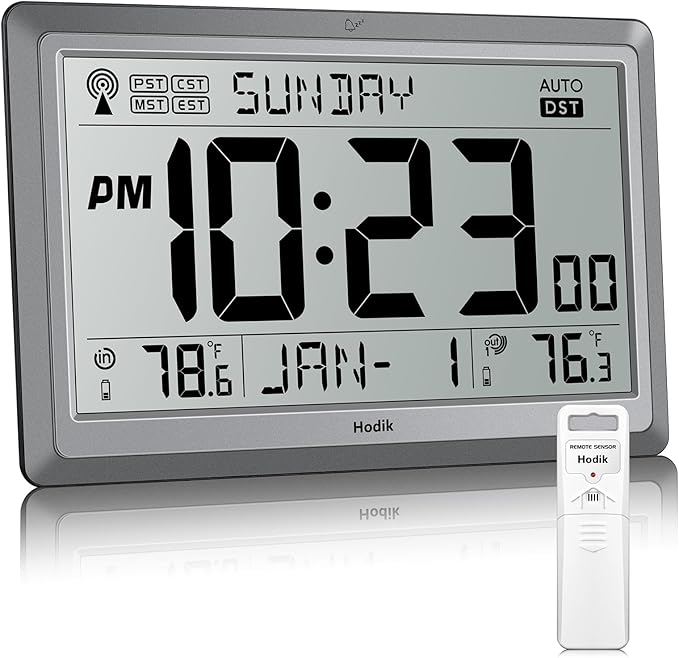 Wall Clock Atomic with Indoor Outdoor Temperature Battery Powered, Easy Reading with 10.5 Inch Large LCD Display, 330FT Range Table Wall Clock With DST, 12/24 Hour for Living Room Kitchen (Silver)-Ruum Studio Home