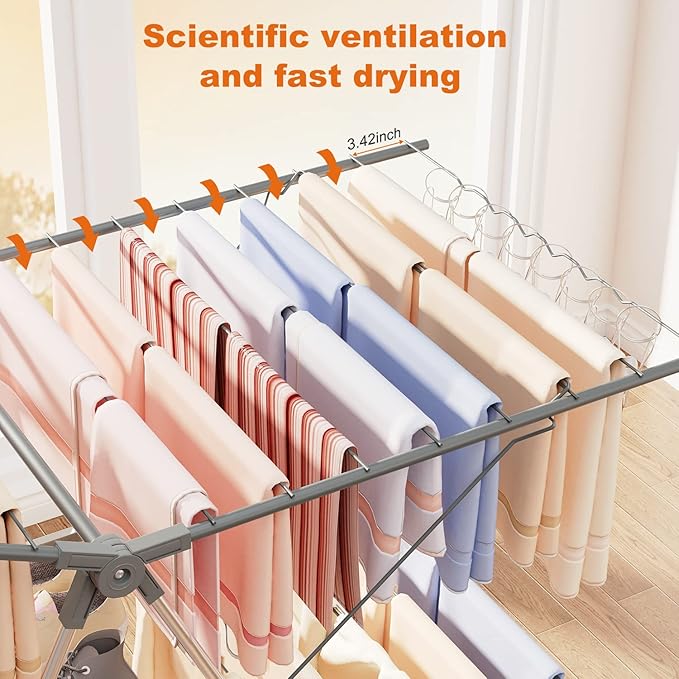 Bigzzia Clothes Drying Rack Foldable, 2-Level Large Laundry Drying Rack Collapsible, Stainless Steel Drying Rack Clothing for Indoor Outdoor, Easy to Fold, 33 Drying Rails, 142cm, Gray-Ruum Studio Home