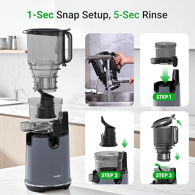 Juicer Machines,Aeitto Cold Press Juicer with 5.3“ Extra Large Feed Chute for Whole Fruits & Vegetables, Slow Masticating Juice Extractor, Self Feeding, Easy to Clean, High Juice Yield, Grey-Ruum Studio Home