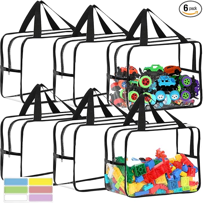 6 Packs Widen X-Large Toy Storage Bags 12.6×9.25×6.9In with Labels, Reusable Clear PVC Board Game Storage, Travel Waterproof Organizer Bags with Zipper for Building Blocks, Puzzle, Stuffed Animals-Ruum Studio Home