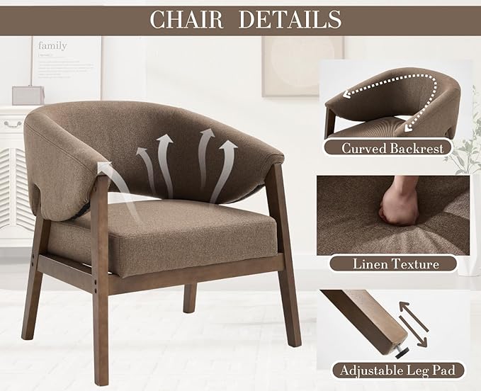 Mid-Century Modern Accent Chair, Comfy Barrel Armchair with Wide Seat, Upholstered Lounge Chair with Walnut Wood Legs for Living Room/Bedroom/Reading Corner, Linen Fabric, Brown, 1PC-Ruum Studio Home