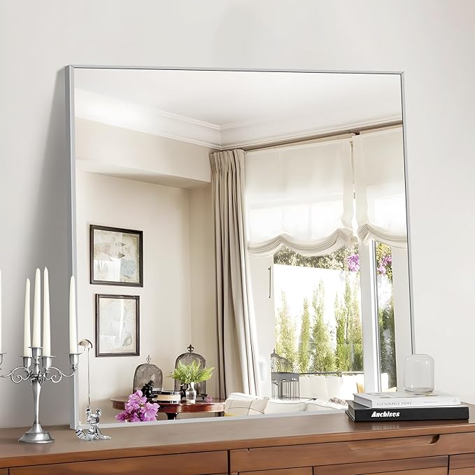 Silver Bathroom Mirror for Wall, 30x30 Inch Rectangle Mirrors with Metal Frame, Modern Vanity Wall Mirror Decor for Bathroom Living Room, Entryway Hangs Horizontal or Vertical-Ruum Studio Home