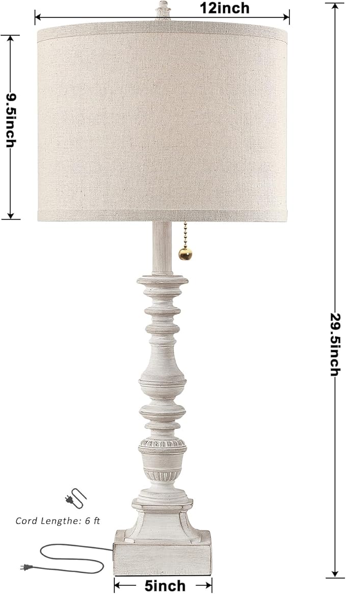 Farmhouse Table Lamps for Bedroom Set of 2, 29.5" Tall Rustic Bedside Lamp with USB Ports and AC Outlet, Vintage Nightstand Table Lamp for Living Room with Linen Drum Shade, White, Pull Chain-Ruum Studio Home