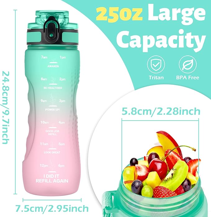 OLDLEY 25 oz Motivational Water Bottle, Sports Water Bottle with Strap, Leakproof BPA Free Large Water Bottles for School, Gym, Travel, Outdoor, Tritan, Green&Pink-Ruum Studio Home